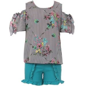 Cold Shoulder Top Short Pant Girl Set Teal